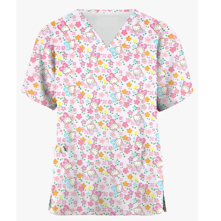 Medical Blouse Clinic Hospital Workwear Healthcare Nurse Coulomi Hello Kitty Print Uniform Carer Working Short Sleeve Tops Women-KarWorkwear
