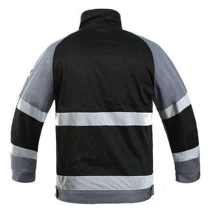 Work Jacket Men Reflective Stripes Black Gray Stitching Coveralls Outdoor CottonMulti-pockets Safety Wear-resistant Workwear