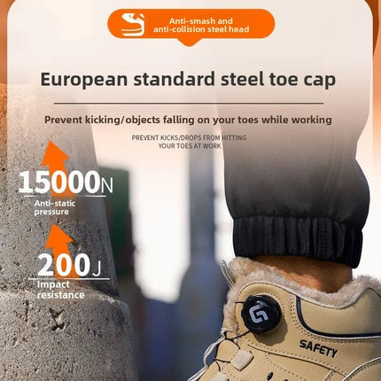 Fleece-lined Work Men's Safety Shoes Winter Steel Toe Rotation Button Thickened Warm Woman Anti-smashing Security Boots Protect