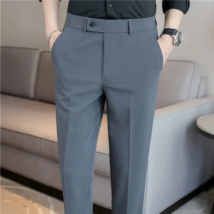 2025 Summer Thin White Elastic Nine Cent Suit Pants for Men,gray Blue Four-side Elastic Comfortable Drape Men's Casual Trousers