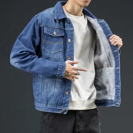Winter velvet thickened denim jacket Korean style trendy men's versatile loose large size warm work jacket