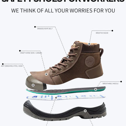 Safety shoes men's leather welding shoes anti-smashing, anti-puncture, non-slip sports Steel toe soft work boots for women-KarWorkwear