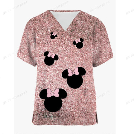 Miniso Disney Mickey Mouse 3DPrint Nurse Medical Uniforms V-neck Short Sleeve Pocket Workwear Scrubs Medical Accessories Uniform-KarWorkwear