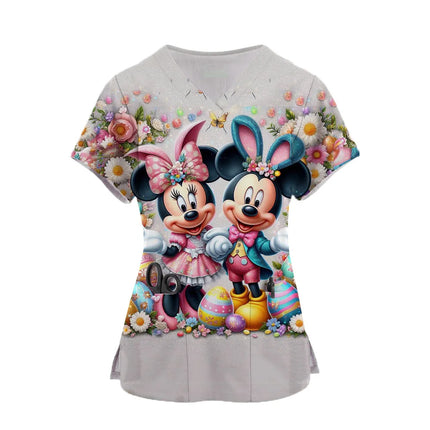 2024 Women's Doctor Nurse Uniform Mickey Mouse 3d Print Pocket V-Neck Nursing Scrubs Tops Workwear Tshirt Overalls Uniforms-KarWorkwear