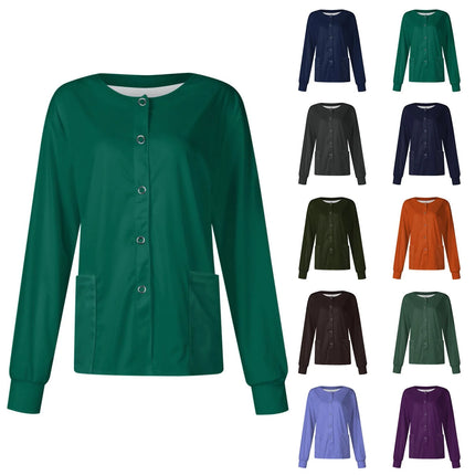 Women Long Sleeve Nurse Uniforms with Pockets Causal Round Collar Solid Single-Breasted Protective Overalls Cardigan Jackets Top