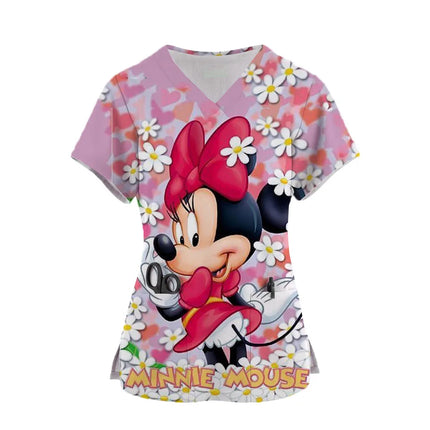 Disney Mickey Mouse Print Nurse Medical Uniforms V-neck Short Sleeve Pocket Workwear Top Scrubs Medical Accessories Uniform ﻿-KarWorkwear