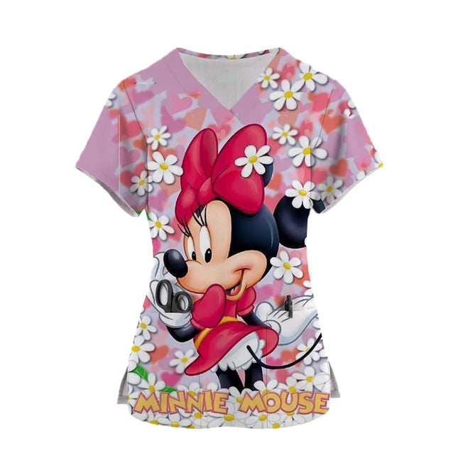Disney Mickey Mouse Print Nurse Medical Uniforms V-neck Short Sleeve Pocket Workwear Top Scrubs Medical Accessories Uniform ﻿-KarWorkwear