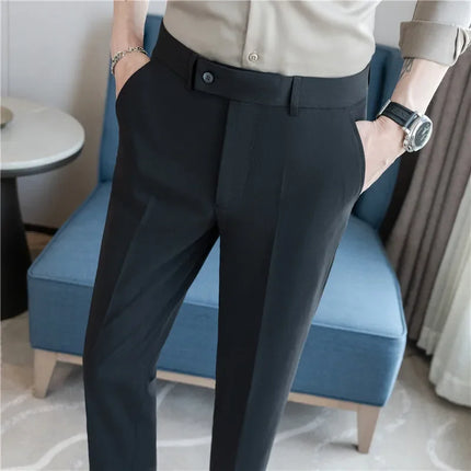 2025 Summer Thin White Elastic Nine Cent Suit Pants for Men,gray Blue Four-side Elastic Comfortable Drape Men's Casual Trousers