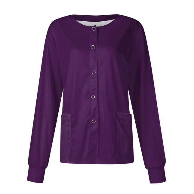 Women Long Sleeve Nurse Uniforms with Pockets Causal Round Collar Solid Single-Breasted Protective Overalls Cardigan Jackets Top