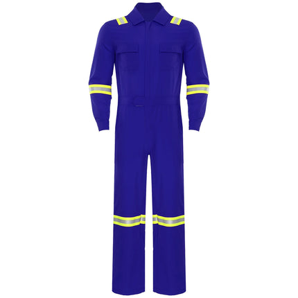 Mens Coveralls High Visibility Reflective Stripes Overalls Turn-Down Collar Long Sleeves Zipper Jumpsuits Work Mechanic Uniform