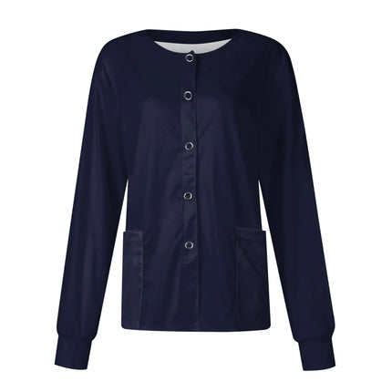 Women Long Sleeve Nurse Uniforms with Pockets Causal Round Collar Solid Single-Breasted Protective Overalls Cardigan Jackets Top
