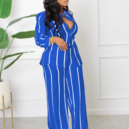 Elegant Work Wear Two Piece Set for Women Matching Sets Striped Print Shirt Top and Wide Leg Pants Office Lady Casual Outfits