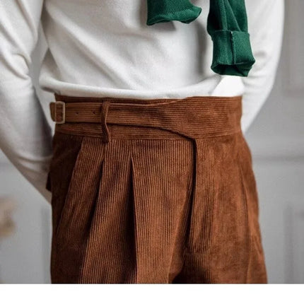 Italian Style Corduroy Naples Suit Pants Men High-waisted Adjustable Belt Straight Trousers Autumn  England Business Casual Pant