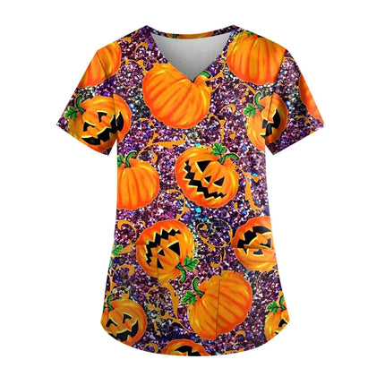 Christmas Medical Scrubs For Women Short Sleeve Pumpkin Face Print with Short Sleeve Pocket V Neck Costumes Wicked Funny Working-KarWorkwear