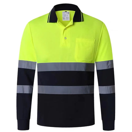 Hi Vis Workwear Shirts for Men Construction Fluorescent Yellow Navy Long Sleeve Reflective Polo Safety Work Shirt