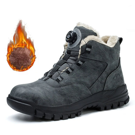 Black Leather Winter Fashion 2023 Rotating Buttons Safety Shoes Men Waterproof Work Boots Men Anti-puncture Protective Footwear-KarWorkwear