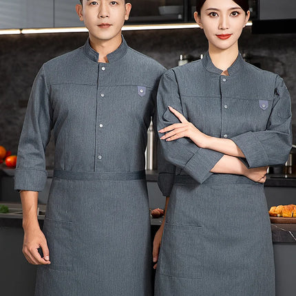 grey Chef uniform Long Sleeve chef jacket Cook Coat Chef T-shirt Baker Work Uniform Waiter Restaurant Hotel Clothes women Logo-KarWorkwear