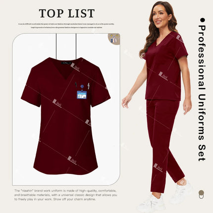 New Scrubs Set Medical Doctor Uniforms Stretch Scrub Top With Pocket Straight Pants Nurse Uniforms Beauty Salon Lab Workwear-KarWorkwear