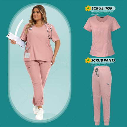 Medical Scrubs Set Women Stretch Work Uniforms Easy Fit Scrubs Tops Pants Jogger Set Hospital Nurse Uniform Dentist Overalls XXL-KarWorkwear