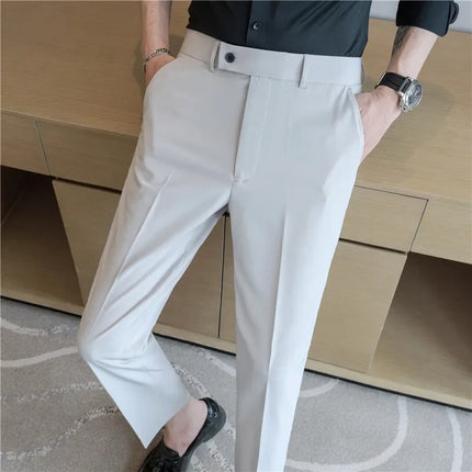 2025 Summer Thin White Elastic Nine Cent Suit Pants for Men,gray Blue Four-side Elastic Comfortable Drape Men's Casual Trousers