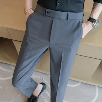2025 Summer Thin White Elastic Nine Cent Suit Pants for Men,gray Blue Four-side Elastic Comfortable Drape Men's Casual Trousers