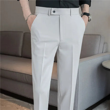 2025 Summer Thin White Elastic Nine Cent Suit Pants for Men,gray Blue Four-side Elastic Comfortable Drape Men's Casual Trousers