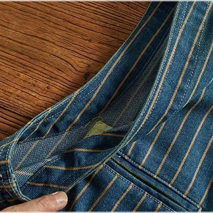 Retro American Striped Workwear Vest Waed Denim Svel Waistcoat Trendy Youth Casual V-ne Four Seasons Outerwear