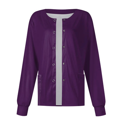 Women Long Sleeve Nurse Uniforms with Pockets Causal Round Collar Solid Single-Breasted Protective Overalls Cardigan Jackets Top