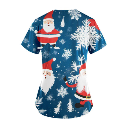 Christmas Nurse Scrubs Tops Women Medical Uniform Santa Claus Print V-Neck Nurse Uniform Hospital Healthcare Spa T-Shirt Blouse-KarWorkwear