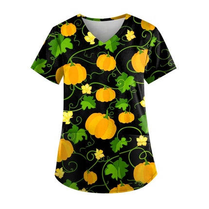 Christmas Medical Scrubs For Women Short Sleeve Pumpkin Face Print with Short Sleeve Pocket V Neck Costumes Wicked Funny Working-KarWorkwear