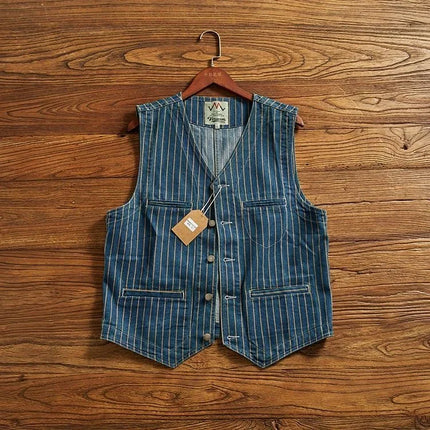 Retro American Striped Workwear Vest Waed Denim Svel Waistcoat Trendy Youth Casual V-ne Four Seasons Outerwear