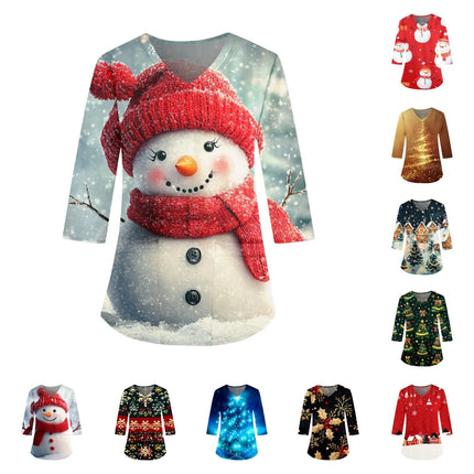 2025 Christmas Women's Scrubs Top With Fun Christmas Print 3/4 Sleeves, V-Neck Pocket, Elastic Fabric, Beauty Salon Spa Hospital-KarWorkwear