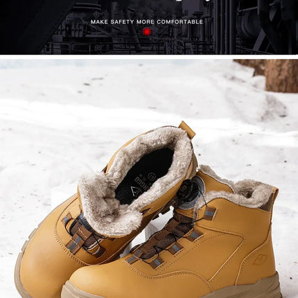 Black Leather Winter Fashion 2023 Rotating Buttons Safety Shoes Men Waterproof Work Boots Men Anti-puncture Protective Footwear-KarWorkwear