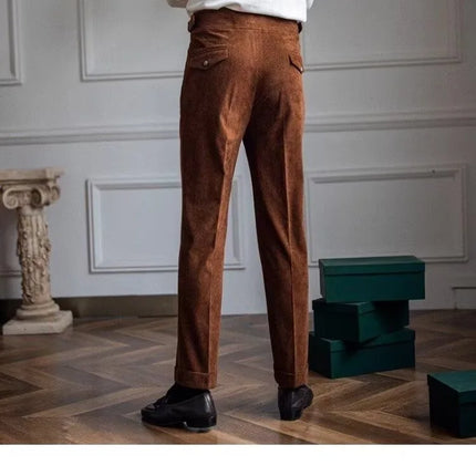 Italian Style Corduroy Naples Suit Pants Men High-waisted Adjustable Belt Straight Trousers Autumn  England Business Casual Pant