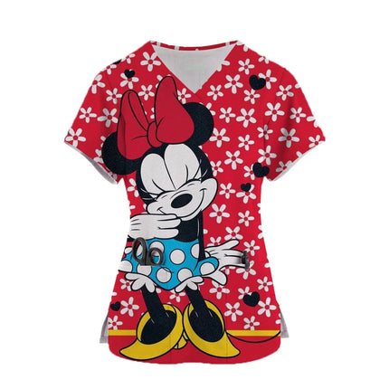 Disney Mickey Mouse Print Nurse Medical Uniforms V-neck Short Sleeve Pocket Workwear Top Scrubs Medical Accessories Uniform ﻿-KarWorkwear