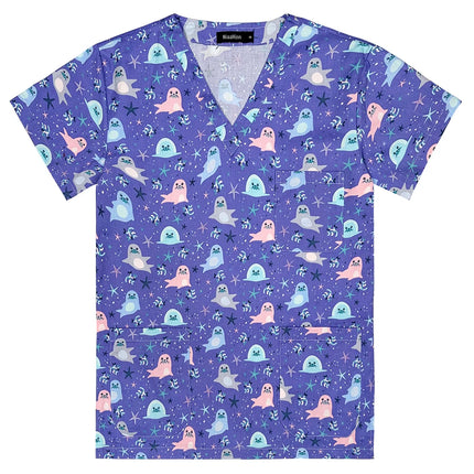 Niaahinn Gray Owl Printing Spa Uniform Women Beauty and Health Scrub Tops Beauty Salon Work Uniform Beauty Salon Scrubs Workwear-KarWorkwear