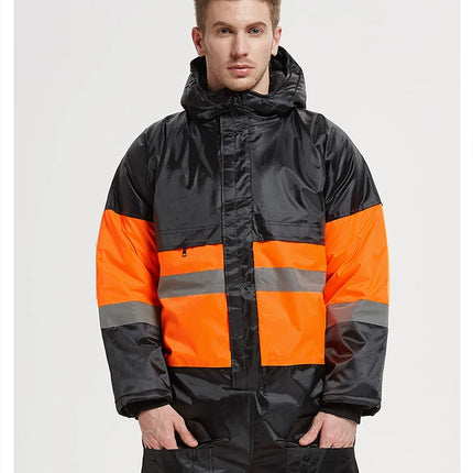 Winter Coveralls Men Waterproof Windproof Reflective Cotton Padded Hooded Coveralls Thicken Thermal Work Uniform Hi Vis Workwear