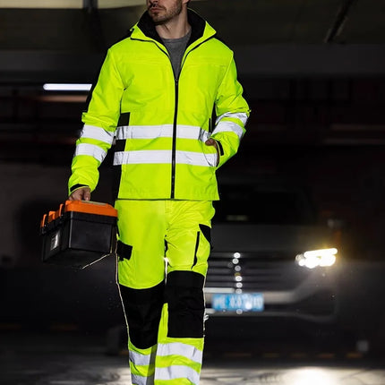 Hi Viz Yellow Workwear Suits for Work in Winter 3 in 1 Hi Vis Workwear Waterproof Jacket with Linner and Working Pants Men Set