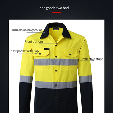 Miner Hi Vis Button Work Shirt for Men Reflective Yellow and Navy Blue Two Tone Safety Cotton Shirt