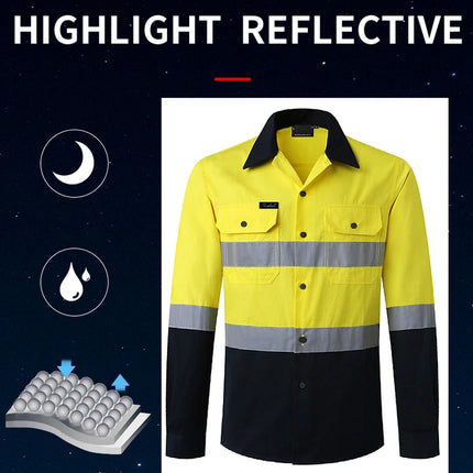Miner Hi Vis Button Work Shirt for Men Reflective Yellow and Navy Blue Two Tone Safety Cotton Shirt