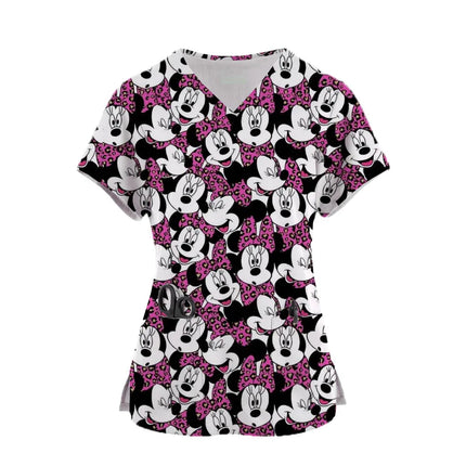 2024 Women's Doctor Nurse Uniform Mickey Mouse 3d Print Pocket V-Neck Nursing Scrubs Tops Workwear Tshirt Overalls Uniforms-KarWorkwear