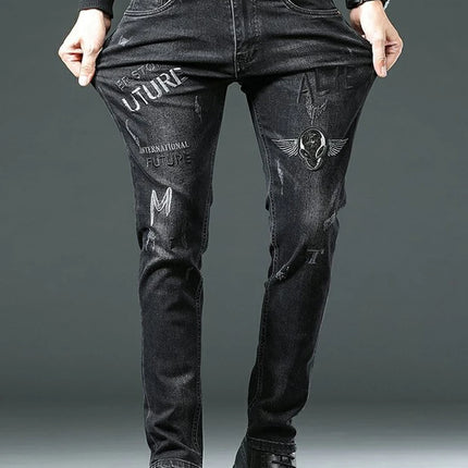 High End Stylish Classic Distinctive Printed Black Stretch Denim Jeans for Men High Quality Slim Fit Stretch Luxury Denim Pants