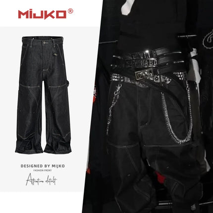 MIJKO Black Original Cow Jeans Wood Trousers Bright Line Design Comfortable Fit Workwear Casual Pants ZJ118
