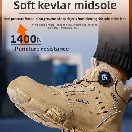 Fleece-lined Work Men's Safety Shoes Winter Steel Toe Rotation Button Thickened Warm Woman Anti-smashing Security Boots Protect