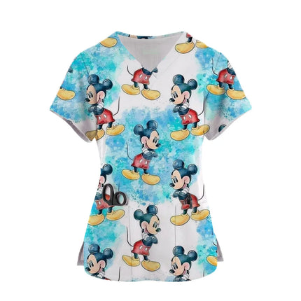 2024 Workwear Tshirt Overalls Uniforms Women's Doctor Nurse Uniform Mickey Mouse 3d Print Pocket V-Neck Nursing Scrubs Tops-KarWorkwear
