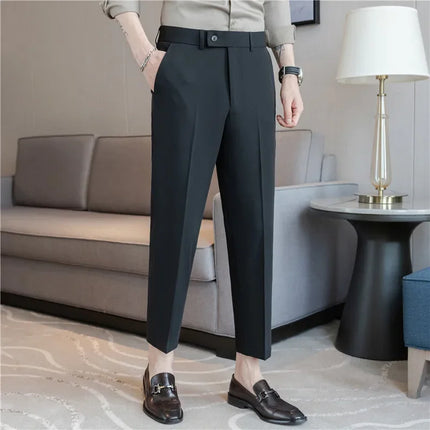 2025 Summer Thin White Elastic Nine Cent Suit Pants for Men,gray Blue Four-side Elastic Comfortable Drape Men's Casual Trousers