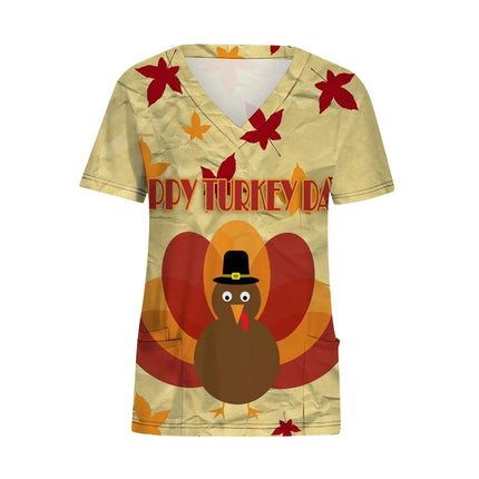 Women Nurse Uniform Christmas Thanksgiving 3d Print V-Neck Pocket Medical Uniforms Cartoon Nursing Scrubs Short Sleeve Pocket Lo-KarWorkwear
