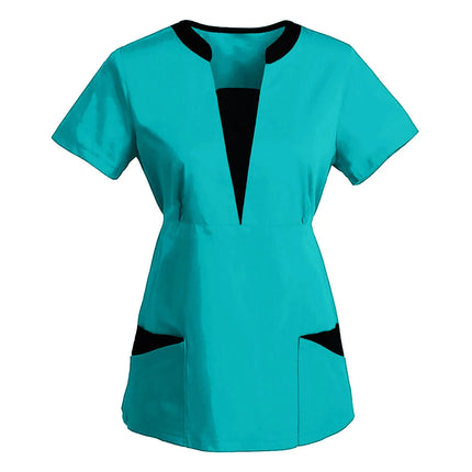 Korean Version SPA Uniforms Women Beauty Salon Scrubs Tops Slim Fit Healthcare Tunic Short Sleeve Patchwork Blouses Wholesale-KarWorkwear