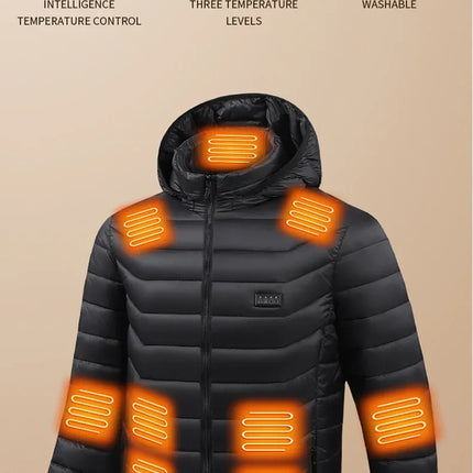 Male Intelligent Heating Workwear Jacket 2025 New USB Multi Control Fast Heating Coat Black Hooded Cotton Jacket Plus Size S-6XL