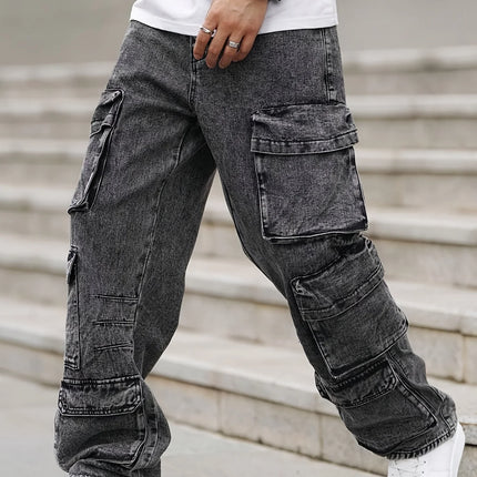 Fashionable men's denim trousers, washed workwear trousers, multi-pocket function for outdoor wear.